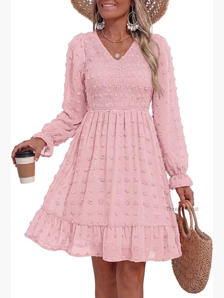 Women Swiss Dot Long Sleeve V Neck Ruffle Cuff A-Line Mini Babydoll Dress